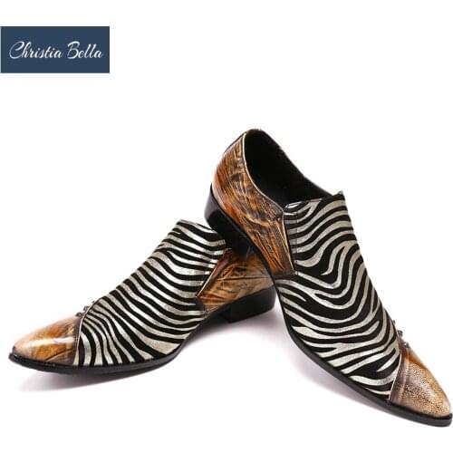 Christia Bella Fashion Handmade Formal Mens Dress Shoes Genuine Leather Spikes Studded Zebra Mens Evening Wedding Party Shoes