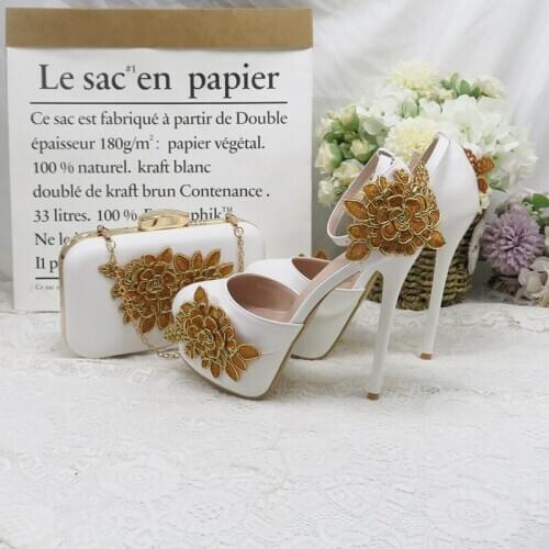 Women Summer Shoes Golden Flower Wedding Shoe Bride Bag Set High Heels Round Toe Pumps Ladies Party shoe with purse