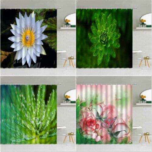Flower Green Plant Pink Rose Butterfly Shower Curtain Fabric High Quality Bathroom Supplies With Hooks Cloth Curtains Decor