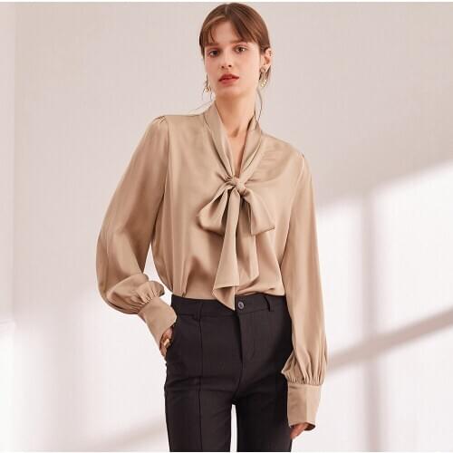 High Quality 100% Real Silk Blouse for Women Spring Autumn 2021 Female Bow Shirts Elegant Longsleeve Tops Woman Chemise Zjt2424