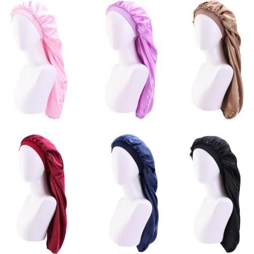 Women Baggy Cap Long Hair Sock Cap Solid Sleep Hat Wrap Night Cap Hair Care Bonnet Nightcap Wide Band Elastic Satin Headcover