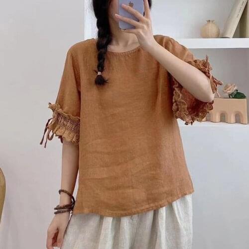 Johnature Summer New Linen Ruffles Women Shirts 2021 Vintage Loose Solid Color O-neck Simple Female Blouses