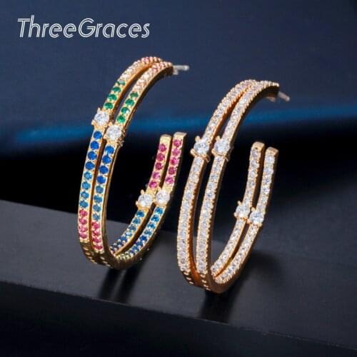 Threegraces Fashion Colorful Cubic Zirconia Crystal Rainbow Thin Round Circle Women Gold Hoop Earrings for Cocktail Party ER329