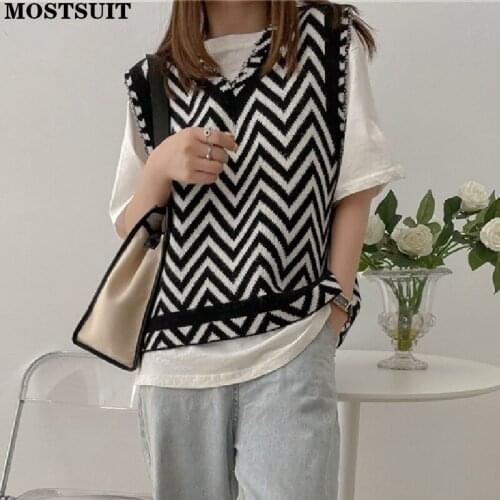 Striped Knitting Sweater Vests Women Fall Winter 2021 New Pullovers V Neck Streetwear Vinatge Jumpers Korean Tank Tops