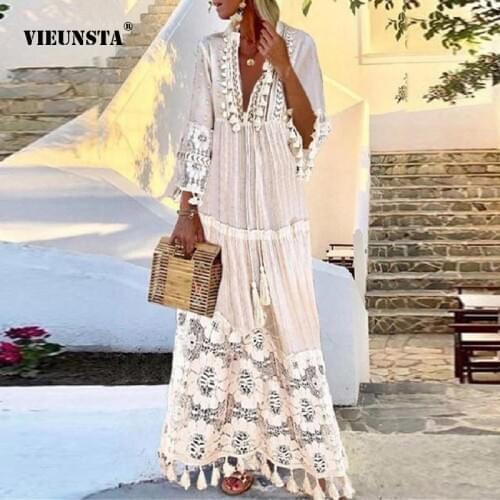 Women Vintage Tassel Design Maxi Party Dress Fashion Lace Patchwork 3/4 Sleeve Dress Elegant Deep V Neck Long Dress Vestidos 4XL