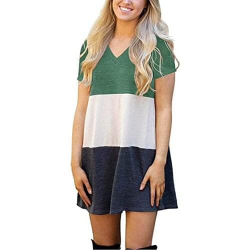 Womens Casual Vacation Beach Dress Summer Sexy Breathable Matching V-neck Loose T-shirt Dress Quick Dry Short Sleeve Dress