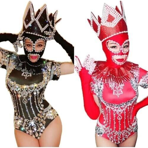 Mask halloween Rhinestones Bodysuit Women Stage Dance Costume Nightclub Dance Female Singer Show Bright Leotard