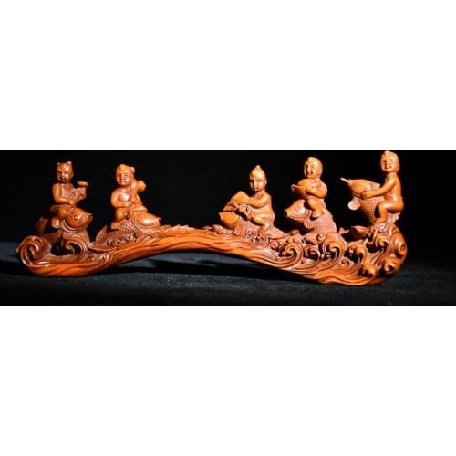 10" China Lucky Old Boxwood Hand-carved Boy riding a fish statue Wishful Give off Office Ornaments Lucky All wishes come true