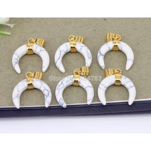 10pcs Fashion Small Size Nature White Stone Crescent Pendant With Gold Metal,charm Gem stone Horn Pendant for Making jewelry