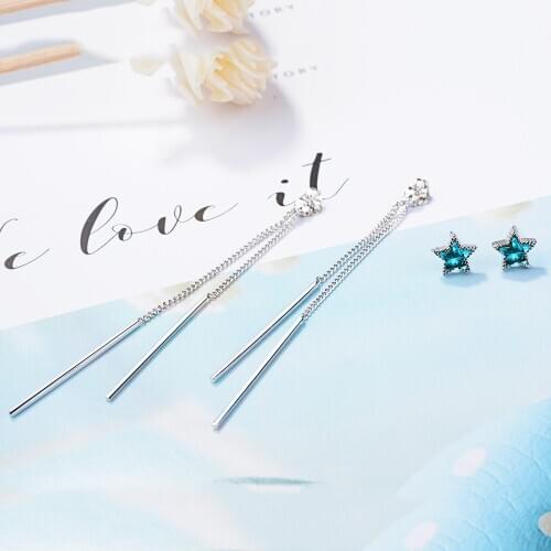 100% Real 925 Sterling Silver Long chain Tassel Star Stud Earrings For Fashion Women Party Cute Fine Jewelry 2020 Accessories