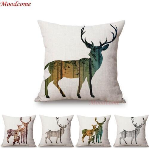 18" Nordic Sofa Throw Pillow Case Elk Moose Deer Head Eagle Leopard Horse Shadow Cotton Linen Office Chair Cushion Cover 45x45cm