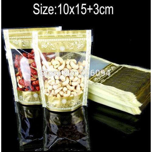200PCS 10*15+3cm(3.9''x5.9'')Self seal Clear plastic Bag with gold printing Standup ziplock plastic bag pouch for gift tea