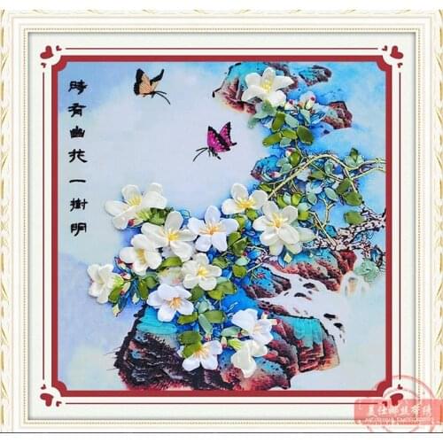 60*60CM 3D white flowerbird Ribbon embroidery kit handcraft kit DIY handmade needlework hand sewing art wall home decor