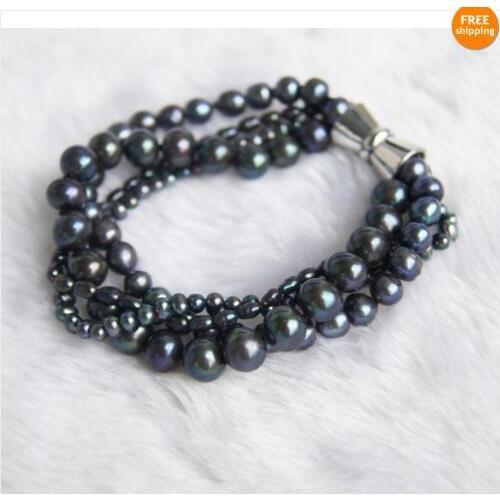 Unique Pearls jewellery Store 4Rows Black Color Genuine Freshwater Pearl Bracelet 20cm Magnet Clasp FN838a