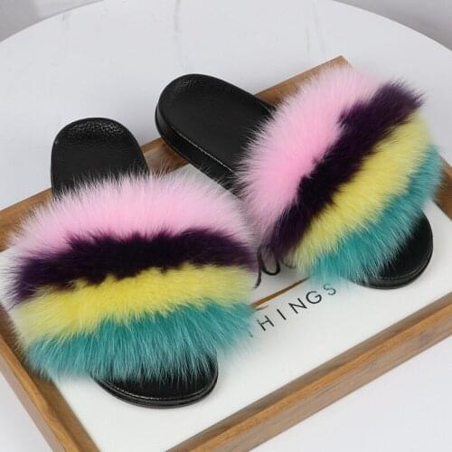 Childrens/Kids Fox Fur Slippers Fashion Striped Plush Sandals Womens Fluffy Rainbow Slides Home Shoes Female Furry Flip Flops