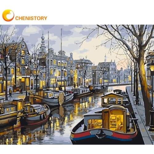 CHENISTORY Oil Painting By Numbers Venice Bank Landscape Picture By Number Handmade 40x50cm Frame Home Living Room Decors