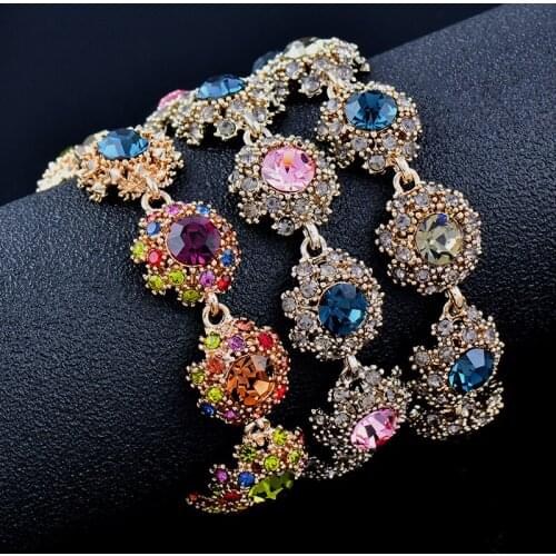 KIOOZOL Vintage Colorful Crystal Flower Bracelet Micro Inlaid Cubic Zirconia For Women Wedding Party Jewelry Accessories 441 KO1