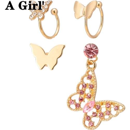 A Girl' Fashion Womens Crystal Butterfly Ear Clip Earrings Set 4Pcs/Set Retro Crystal Butterfly Drop Earrings Bijoux Jewelry