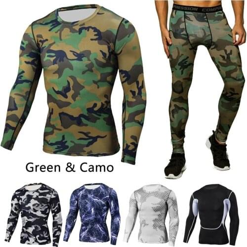 Fashion Camo union suit Mens T-Shirt + tights for men Set Long Sleeve T-Shirt Leggings Fitness Clothing