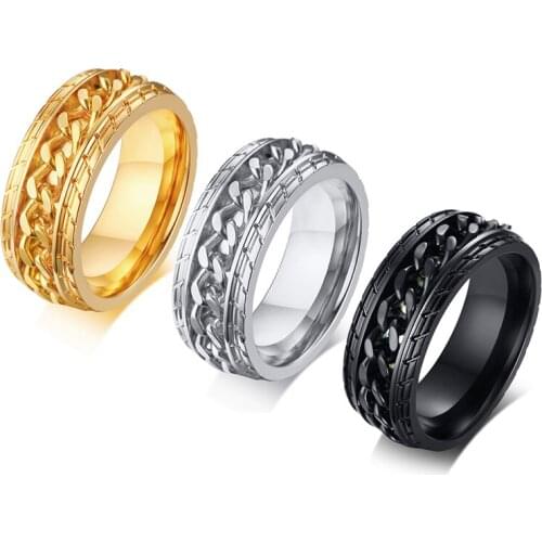 8mm Stainless Steel men Tire Tread Spinner Ring In Gold Chains Wedding Gold Curban Chain Brands Rotable Mens Rings anello uomo
