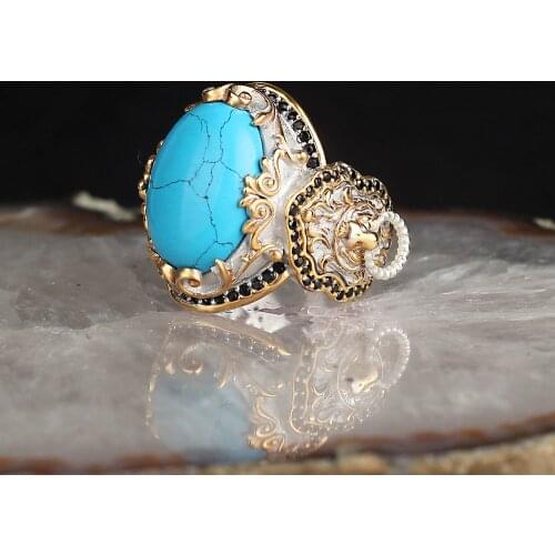 Lapping Plated Turquoise Stone Lion With Icon Silver Men 'S Ring