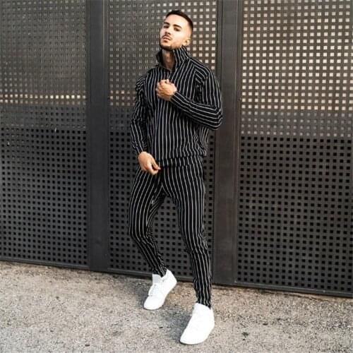 New Fashion Spring Autumn Casual Mens Suit Hot Selling Style Striped Plaid Jacket Trousers For Men Hip-Hop Stand Collar Sets