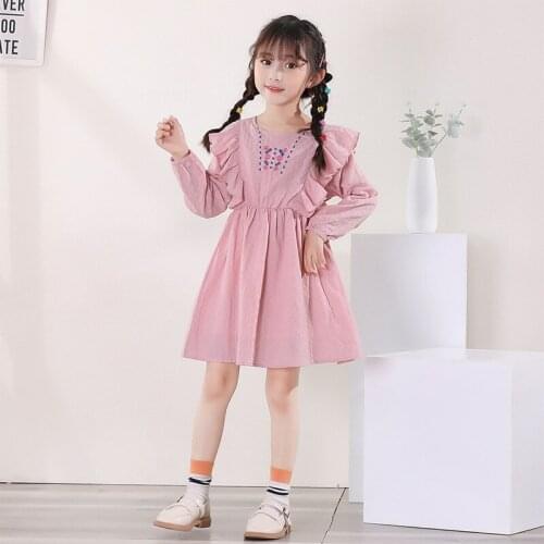 Children Girls Long Sleeve Cotton Linen Dress Fall Boutique Clothing Embroidery Flowers Ins Outfit