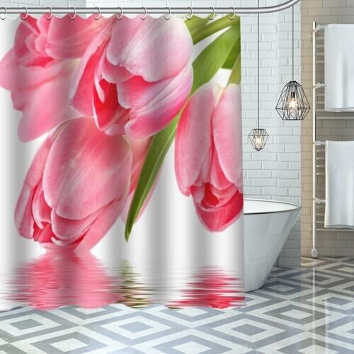 Custom High Quality Tulip Shower Curtain Waterproof Bathroom Polyester Fabric Bathroom Curtain With Hooks
