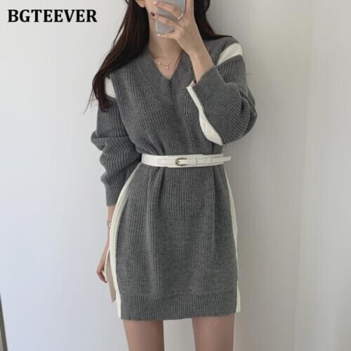 BGTEEVER Casual V-neck Hit Color Sweater Mini Dress for Women Full Sleeve Belted Straight Knitted Dress Femme Elegant Vestidos