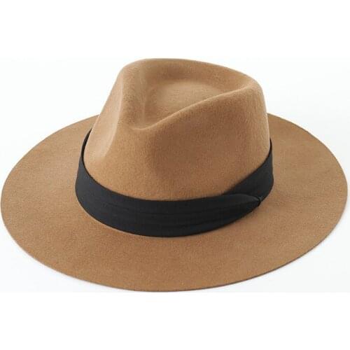 Solid Color Imitation Winter Sombrero Woolen Hat Women Felt Fedoras Jazz Cap Female Girl Simple Wide Brim Flat Top Trilby Hat