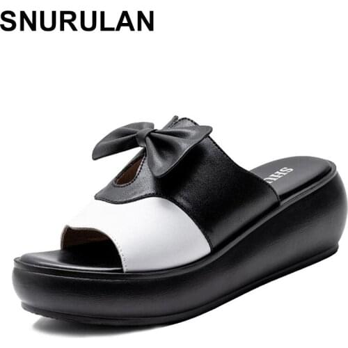 SNURULAN Genuine Leather Slippers Women Bowknot Cowhide Mother Sandals Summer Wedge Shoes