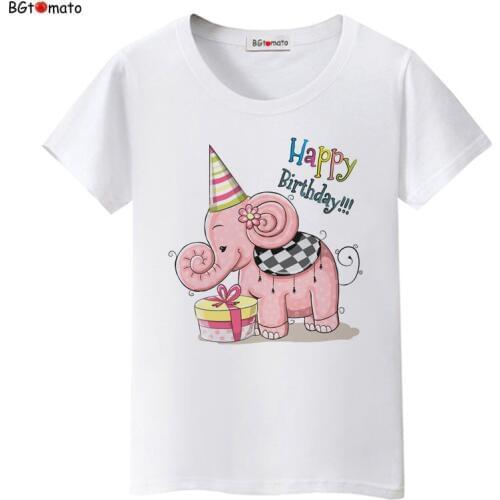 2021 Happy Birthday elephant printing t shirts lovely cartoon shirt for women 100% good quality brand casual tops