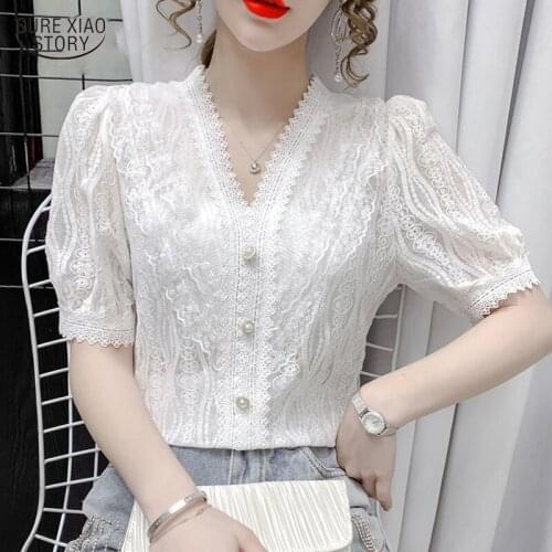 2021 Short Sleeve Elegant Women Tops Summer V-neck Lace Button Blouse Solid Lace Crochet Ruffle Patchwork Slim Women Shirt 14190
