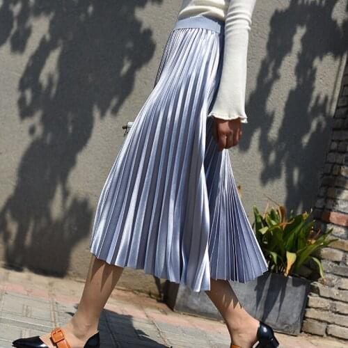 Women Elegant Metal Color Pleated Skirt Elastic High Waist Midi Skirt Female High Quality Chic Skirts Saias 2021 Spring