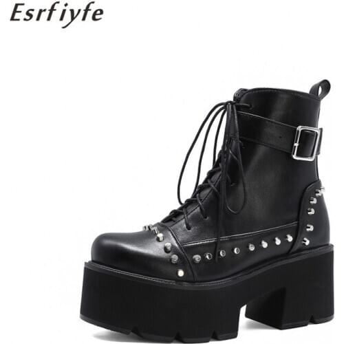 ESRFIYFE 2020 New Black Ankle Boots Women High Heel Sexy Chain Chunky Heel Platform Boots Female Punk Style Ankle Boots Zipper