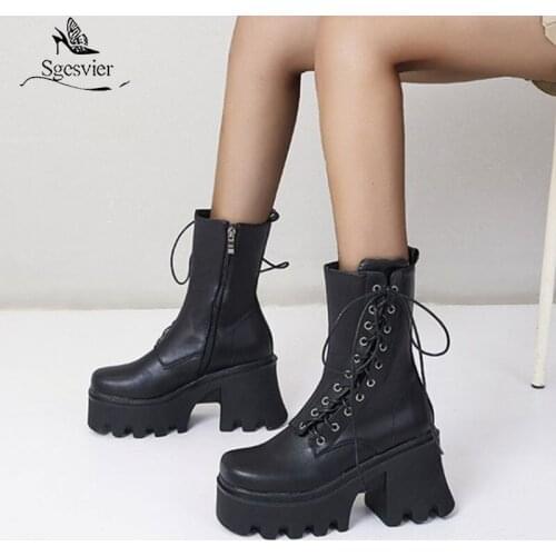 Sgesvier Cosplay Rivet Buckle Women Martin Combat Platform Ankle Boots Chunky High Heels Lace Up Winter Shoes Plus Size 35-43