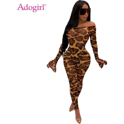Adogirl Leopard Print Women Sexy Two Piece Set Off Shoulder Long Flare Sleeve Bodysuits Top + Pencil Pants Night Club Suits