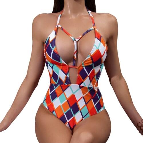 Sexy Deep V Swimsuit Women Swimwear 2021 Summer Cut Out Halter Tie Up Monokini Bikini Geometric Print High Cut Bathing Suit