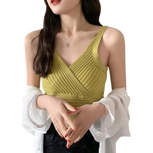 Fashion V-neck Pit Strip Knitted All-match Sling Sleeveless Ladies Cross Bottoming Top Halter Short Vest