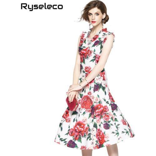 Women Big Rose Flower Prints Ruffles Sleeveless Tank Casual Chic Elegant Midi Dresses Female Quality Sexy Party Flare Vestidos