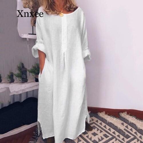 Women Dress Boho Style Long Sleeve O-Neck Casual Dress Summer Beach Cotton Maxi Dress With Pockets Loose Elegant Ropa Mujer