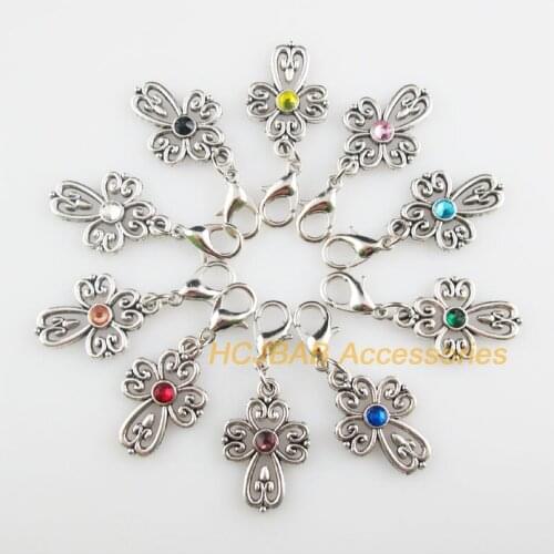 10 New Cross 14.5x21.5mm Charms Mixed Round Crystal Tibetan Silver Plated Retro With Lobster Claw Clasps