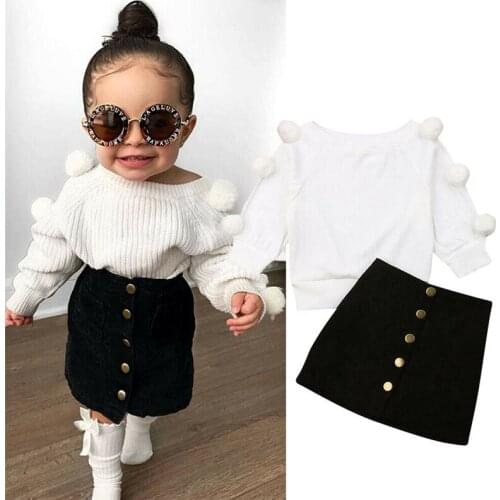 2021 Toddler Baby Girls 2PCS Spring Autumn Clothes Sweater Knit Tops+Black Button Skirt Outfits For 0-6 Years