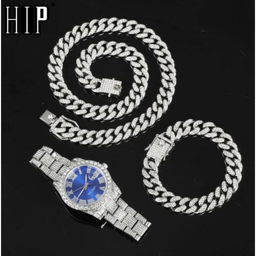 Hip Hop 13MM 3PCS KIT Watch+Necklace+Bracelet Bling Crystal AAA+ Iced Out Cuban Chain Rhinestones Chains For Women Men Jewelry