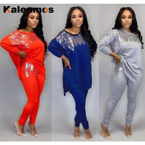KALENMOS Dashiki Traditional African Clothing Two Piece Sets Women Africaine Sequin Bodycon Dress Pants African Ropa Tracksuit