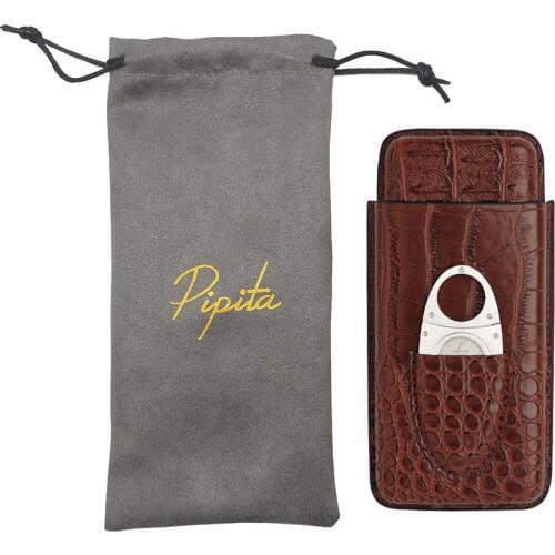 PIPITA Cigar Cases Portable Leather Travel Cigar Case, Cigar Holder 2 or 3 Tubes Cigar Humidor with Stainless Steel Cigar Cutter