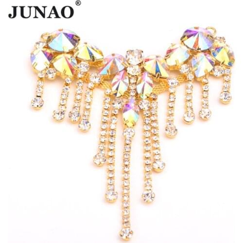 JUNAO 88x100mm Crystal AB Glass Rhinestone Appliques Sewing Strass Fringe Flower Decorative Buckle for Wedding Party DIY Crafts