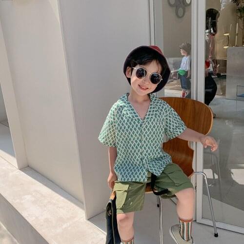 Kids Clothing 2021 Summer New Boys Casual Shirts Fashion Lapel Print Tops for Boys 2-8 Y Childrens Korean Thin Handhome Shirts