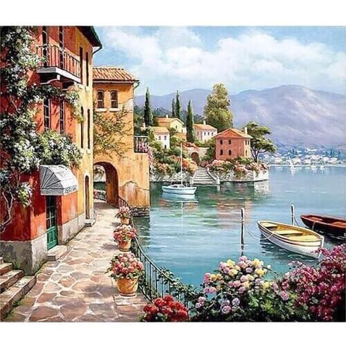 5D DIY port city scenic Diamond Painting Cross Stitch Full New home decorative Beautiful country scene Mosaic Embroidery