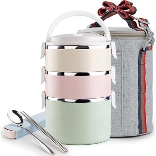 2.4L 3-layers Insulated Soup Food Container Stainless Steel Round Bento Box Thermal Lunchbox Cute Lunch Boxs With Felt Bag